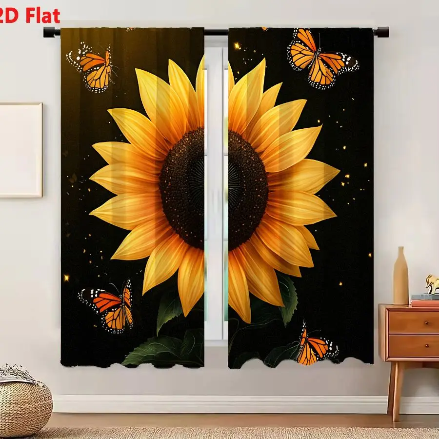 2Pcs Curtains Add 2D Flat Large Vibrant Sunflower With Monarch Butterflies And Glowing Particles On Dark Background Window Drape