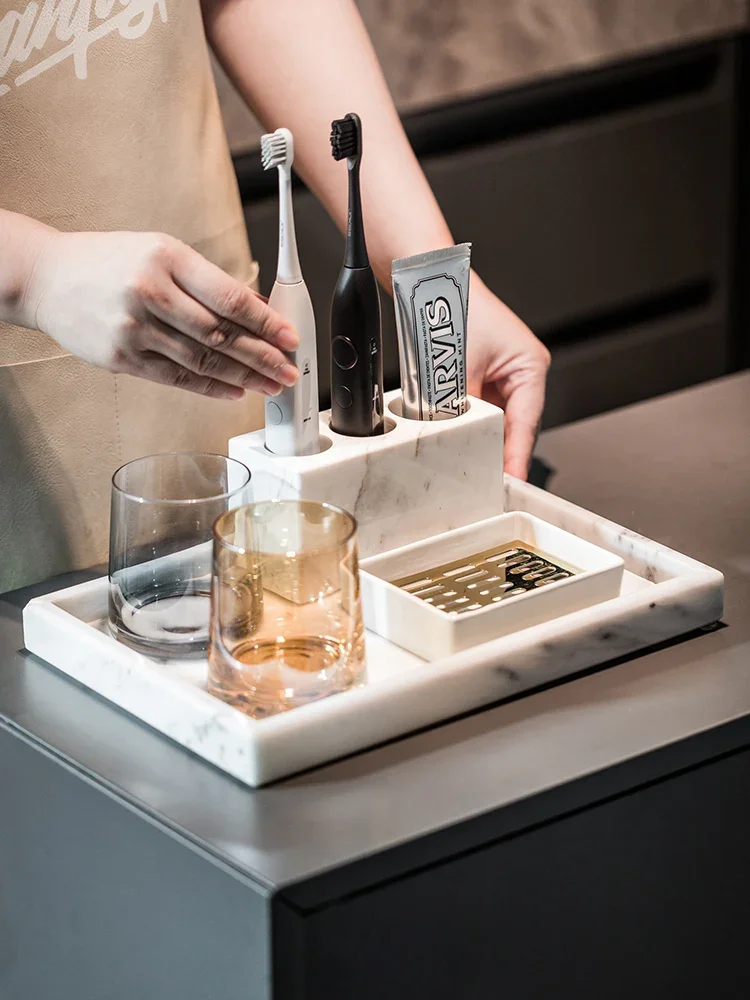 【Natural】Natural Marble Toothbrush Rack Mouthwash Cup Set Storage Tray Luxury Bathroom  Accessories for Home Hotel Room Decor
