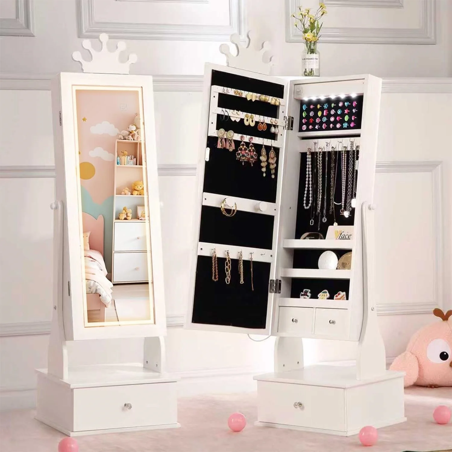 

Kids Jewelry Cabinet with Full-Length Mirror & LED Light,Jewelry Armoire with Storage Drawers,Jewelry Organizer, Dress Up Mirror