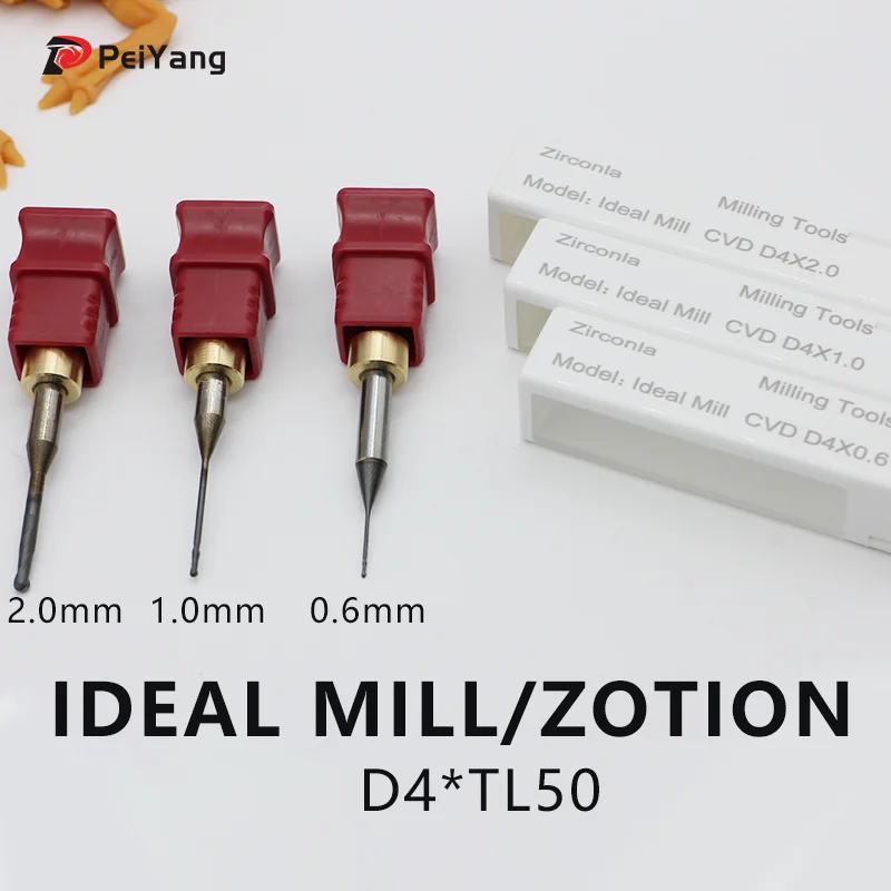 Milling Burs for Ideal Mill/Zotion Dental Cad Cam Zirconia Wax PMMA Zotion Cutter Milling Burs Length 50mm, 2.0/1.0/0.6mm