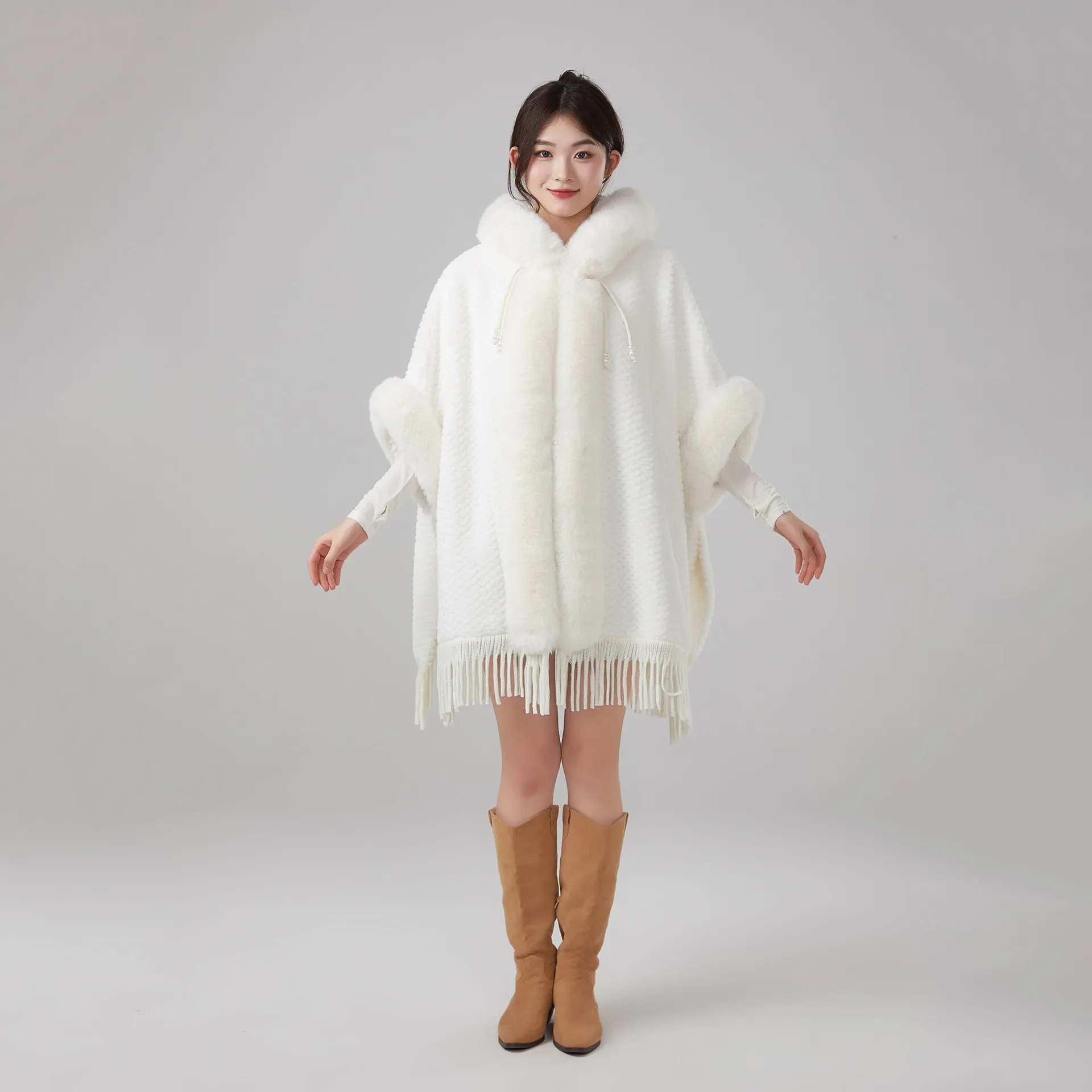 المعطف الخريف/الشتاء وصول جديد المرأة المتضخم فو الفراء مقنعين معطف ملفوف مريح مع هامش ومواد الصوف السميك P1 #2