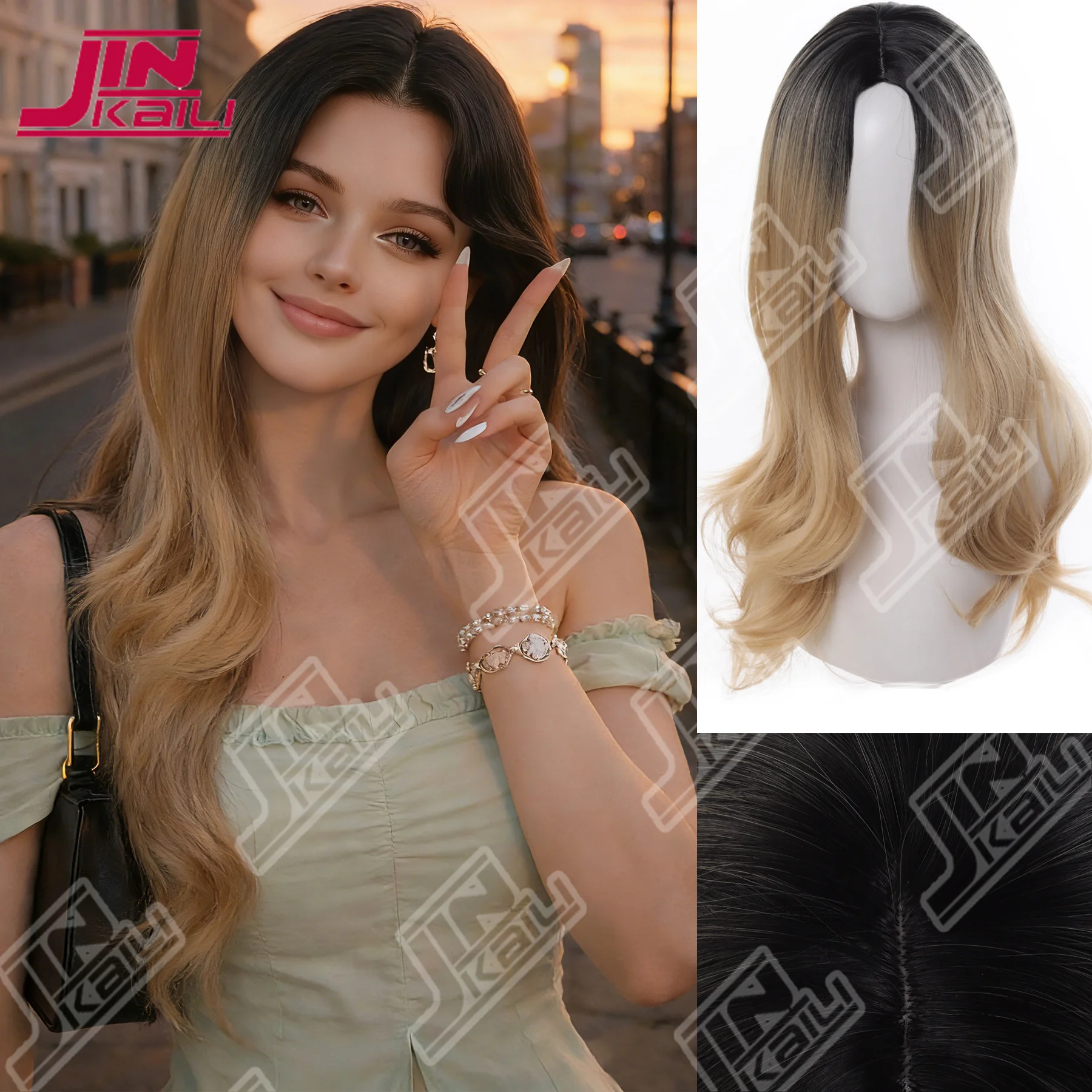 JKL Golden Long Curly Wig Female Headband Honey Blonde Rose Hair Synthetic Middle Part Bangs High Level Simulation Hair Wig 가발