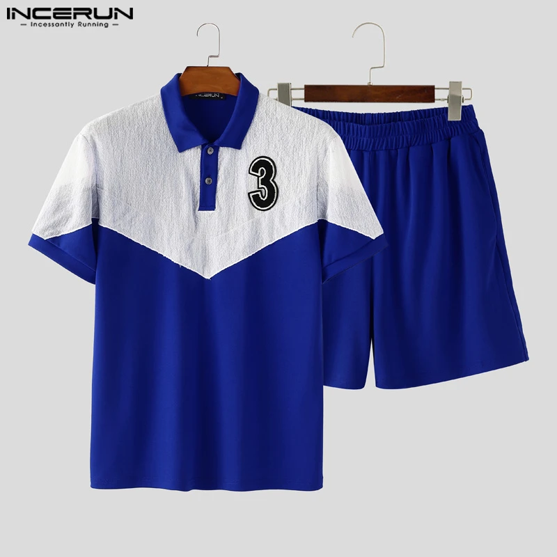 

INCERUN Мужские комплекты Кружевная лоскутная рубашка с цветными блоками и шорты с короткими рукавами 2 шт. Уличная одежда Свободные мужские костюмы для тренировок 2025