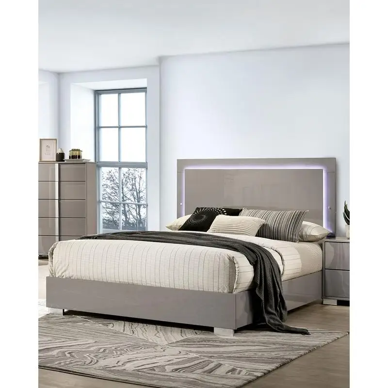 Contemporary Light Taupe 1pc Queen Bed with LED Headboard UV Finish Bed Frame Furniture for Bedroom