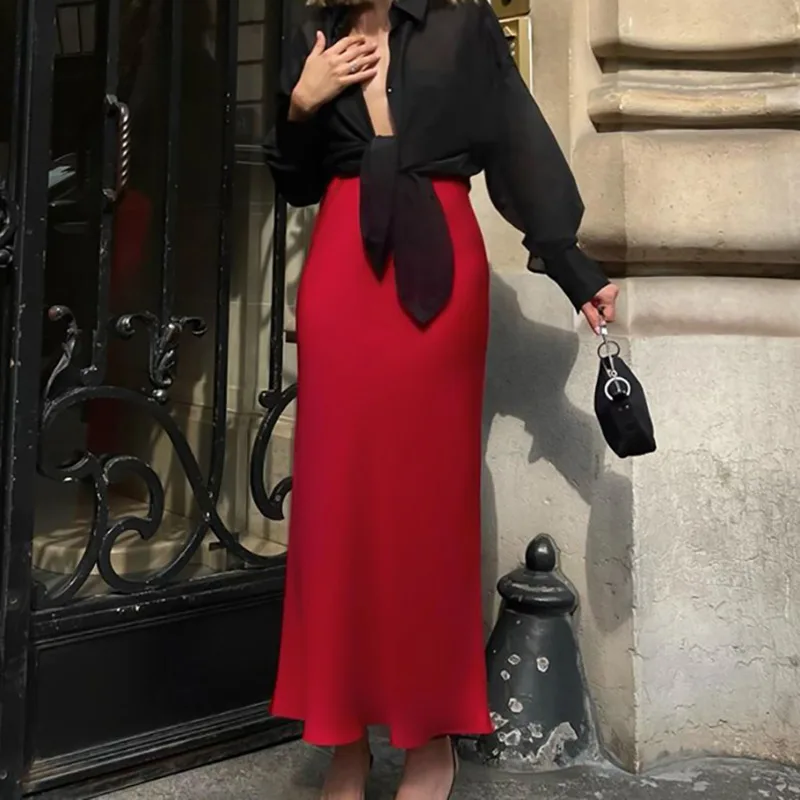 Elegant Red Satin Maxi Skirt For Women High Waist Long Straight Skirt Vacation Beach Wear Summer Fashion Draped Style Bottom New