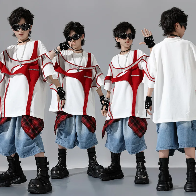 Kids Boys Girls Summer Streetwear Hip Hop Short Sleeve T-shirt Denim Shorts Sets Performance Clothes Children Dance Team Costume