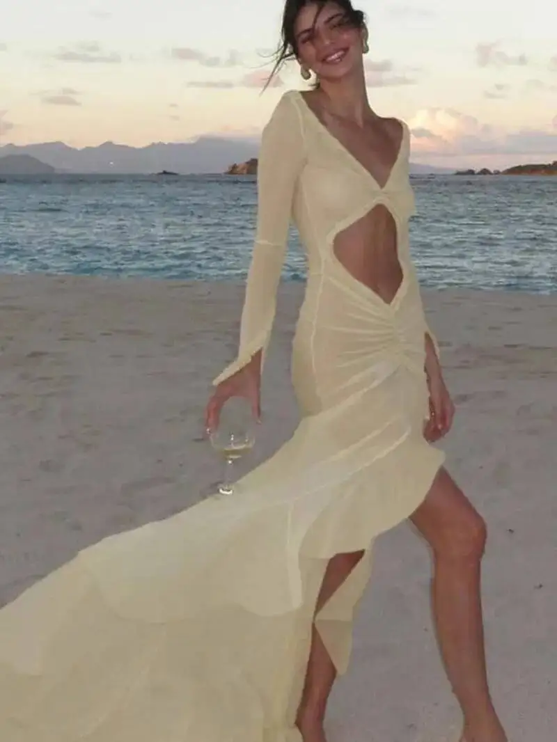 Sexy Sheer Women Dress Elegant Hollow V-Neck Splits Long Sleeves Ruffles Lace Ruched Bodycon Beach Vacation Clubwear 8RHS