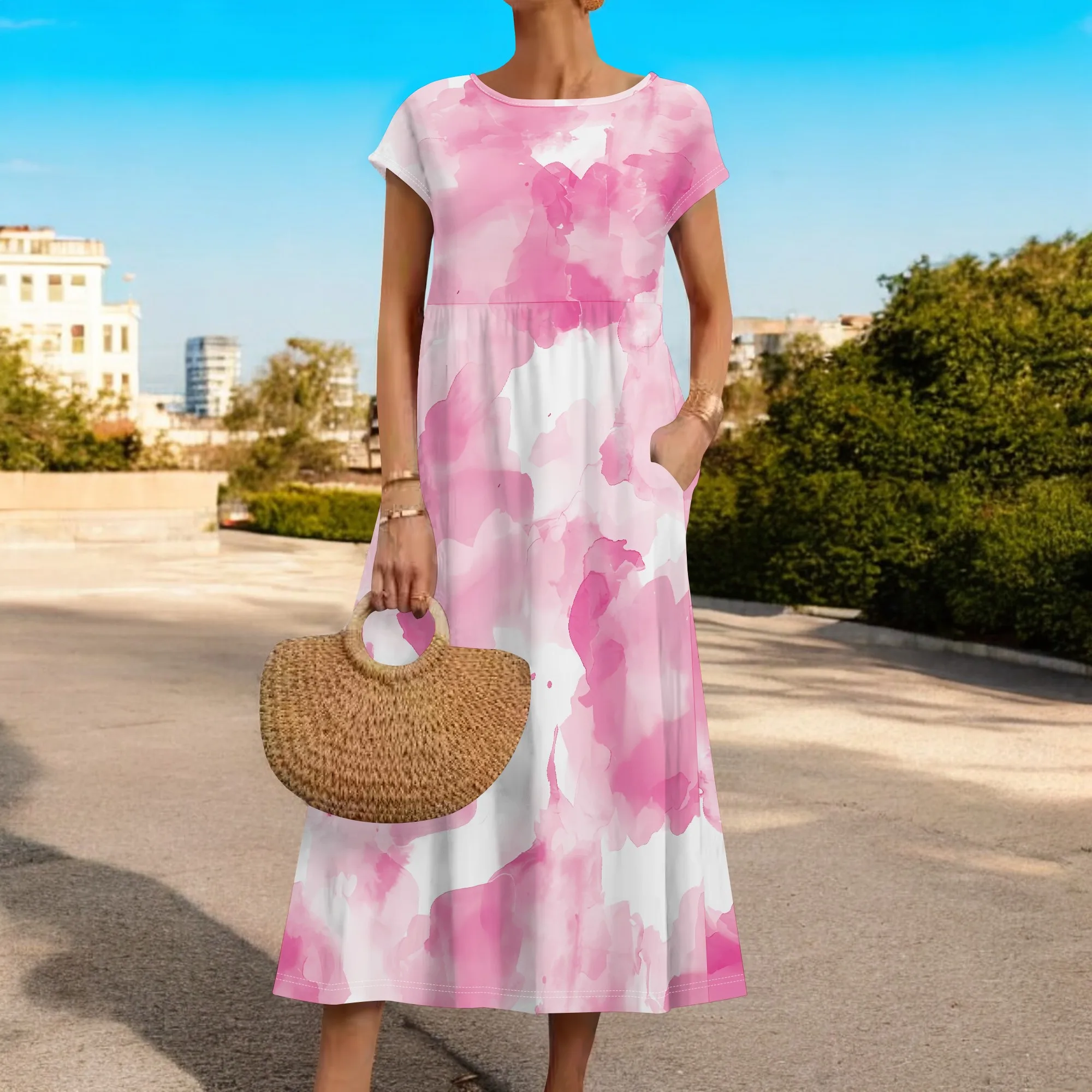 

EQQZD Elegant Short Sleeve Crewneck Dress with Pockets, Stylish Casual Loose Tie-Dye Print Midi Dress