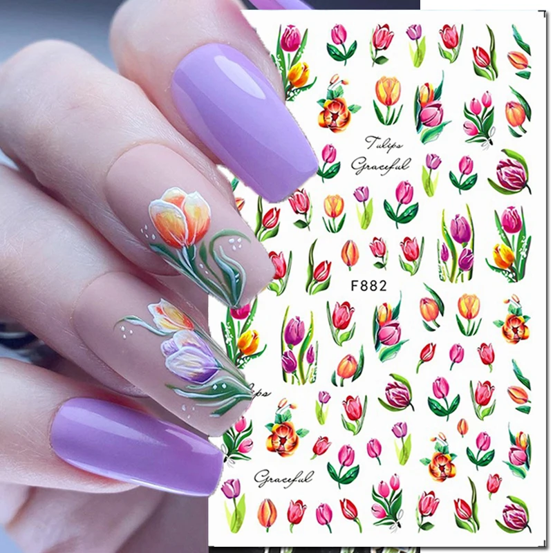Nail Art Decalcomanie 3D Tulipano Narciso Fiori bianchi Cursori adesivi Adesivi per unghie Decorazione per punte delle unghie Bellezza