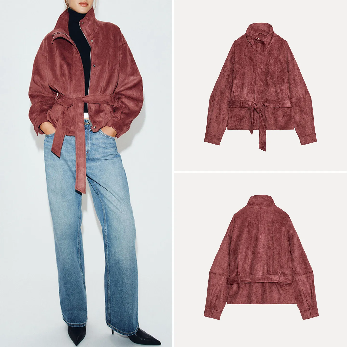 ZADATA Women's Long Sleeve Stand Collar Jacket Coat with Belt Autumn 2026 New Arrival Elegant Fashion Ladies Short Outerwear