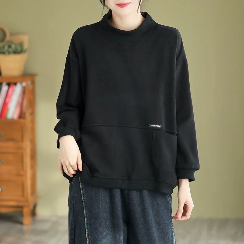 New Women's Loose Casual Top Slim and Color-blocking Half-high Neck