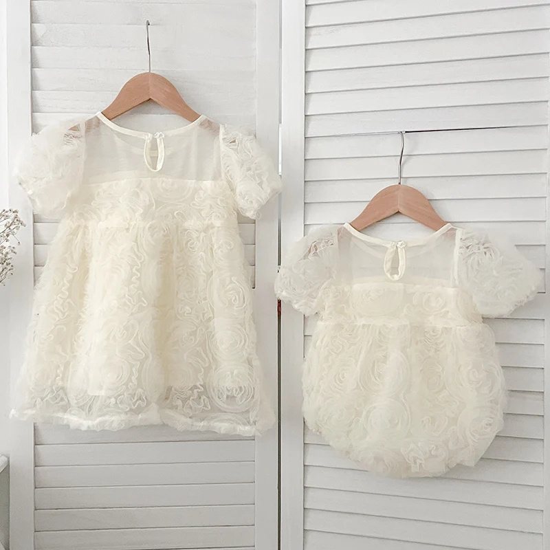 New Summer Infant Clothes Sister Look 2024 Sister Embroidery Baby Girl Petal Collar Romper Elegant Princess Birthday Party Dress