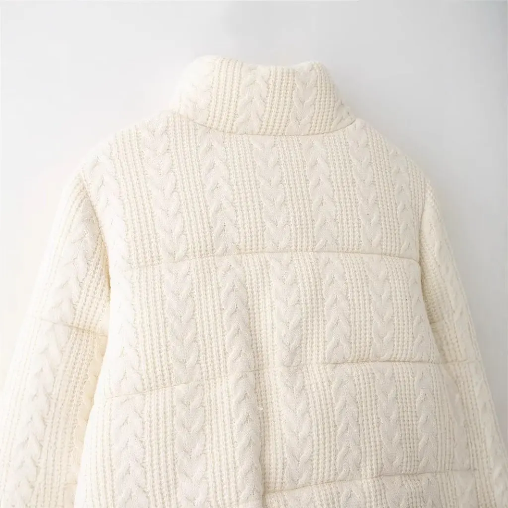 เสื้อแจ็คเก็ตบุผ้าฝ้ายหนานุ่มสำหรับฤดูหนาว คอตั้ง กันลม สีขาว ถักลายขนมปัง สำหรับผู้หญิง แฟชั่นเสื้อคลุม