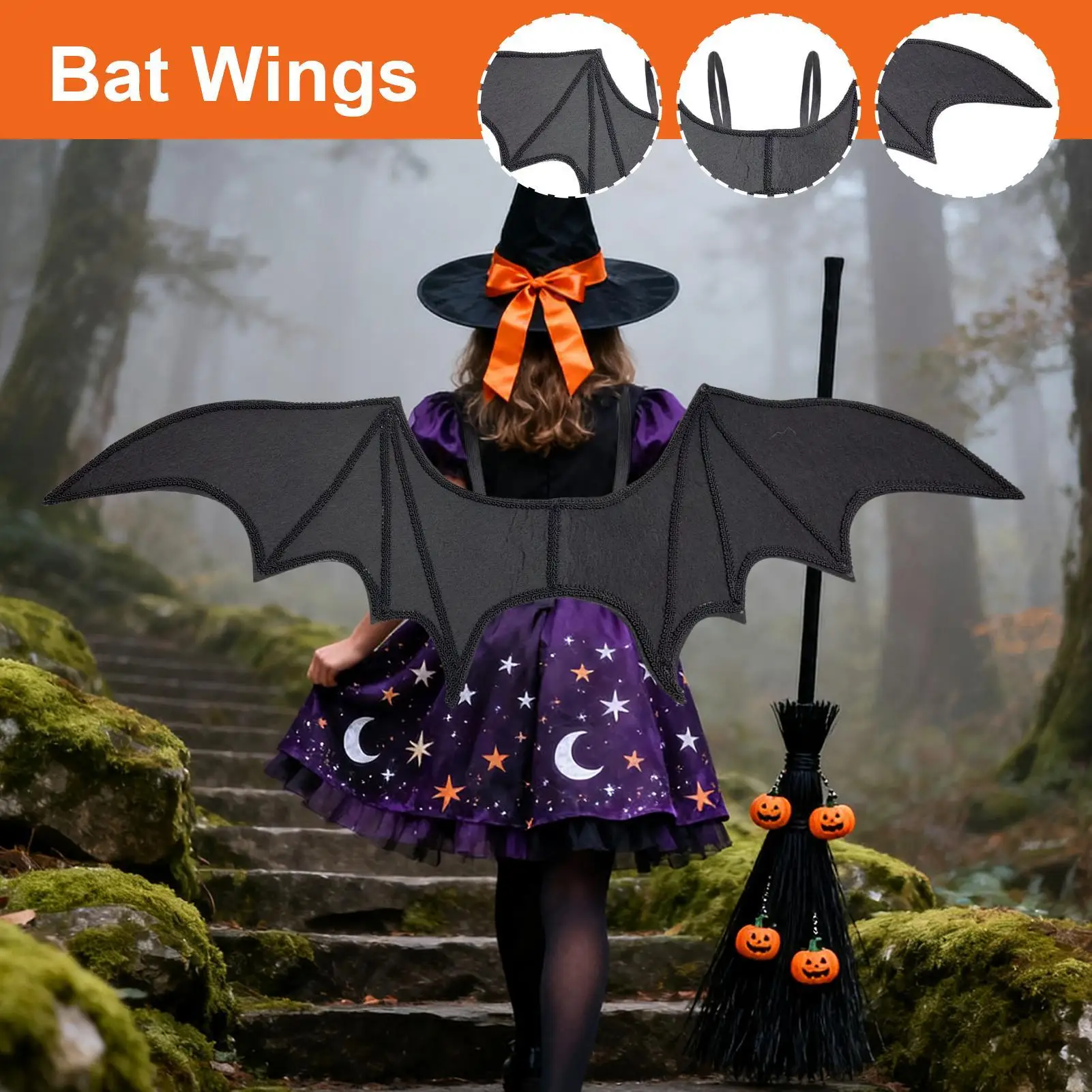 Bat Wing Fancy Dress Halloween Bat Costume Accessories with Elastic Straps Bat Wing Lightweight Halloween Costume Wing