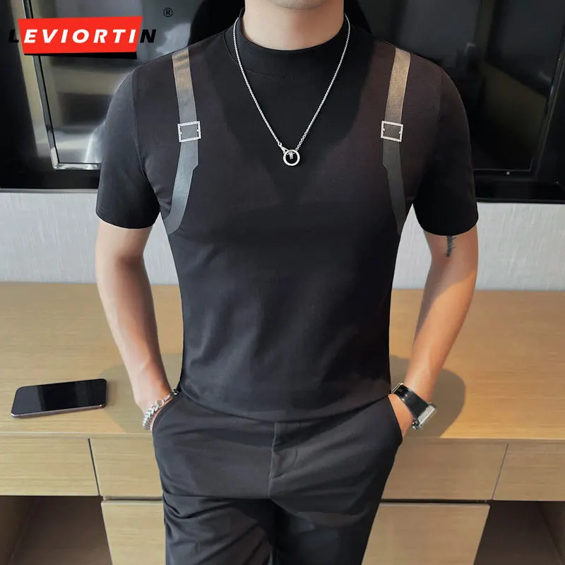 Summer Fashion Wear Men's T-shirt Personalized Shoulder Strap Small Round Neck Elastic Short Sleeve T-shirt Slim Fit Casual Top