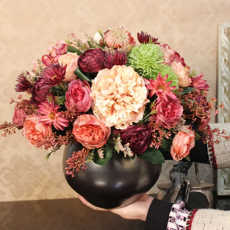 Retro old peony flower simulation bouquet flower art hand bouquet Mori European ornament living room coffee table decoration