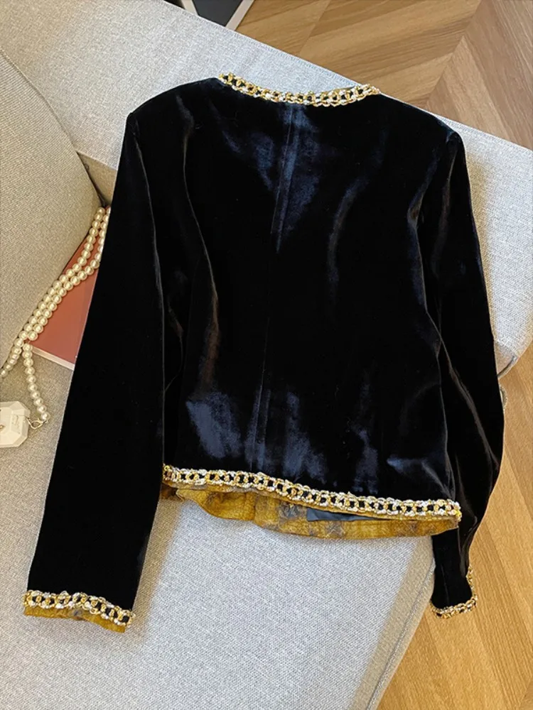 Retro Black Velvet O-Neck Women Jacket Winter New Long Sleeve Loose Fit Top Jackets Outerwear French Style Work Ladies Coat