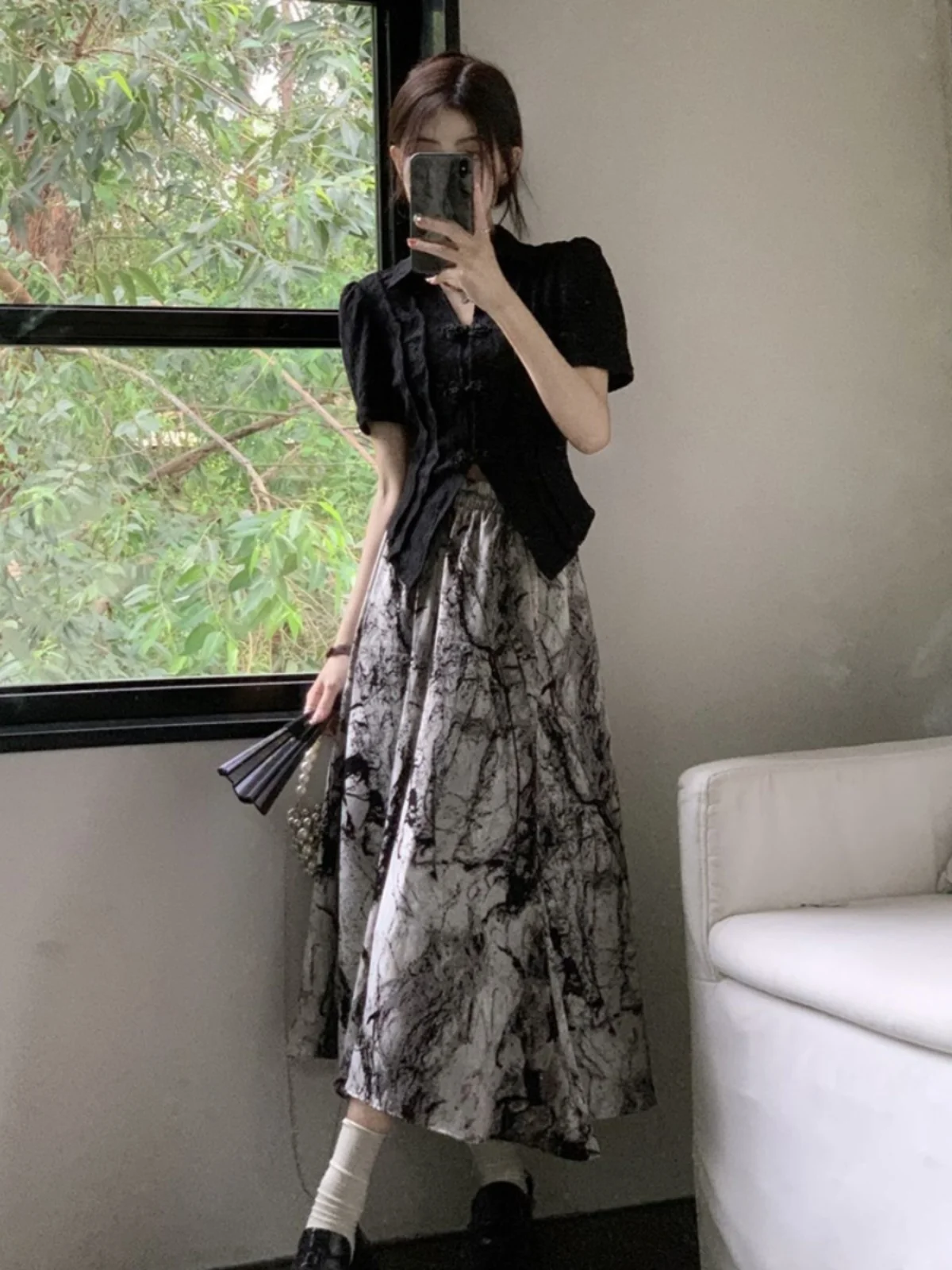 

New Chinese Style Women's Dress Black Top Half Skirt Zen Meaning Two-Piece Set Spring Summer 2025 Fashion Polyester
