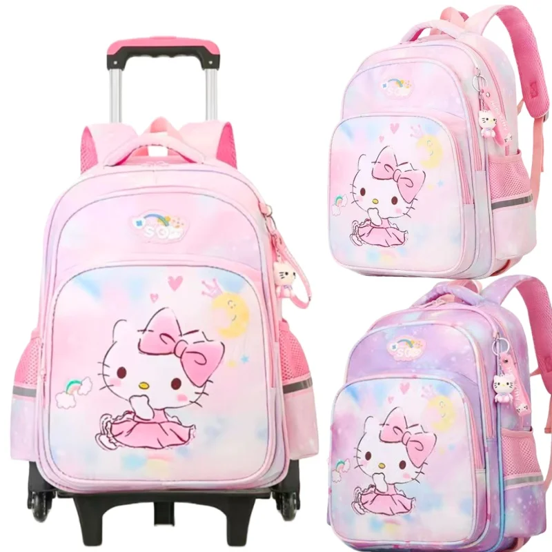 

Hello Kitty тяга для спины, большой вместительный студенческий рюкзак, 2 колеса, 6 колес, школьный рюкзак, праздничный подарок, периферийные устройства в стиле аниме