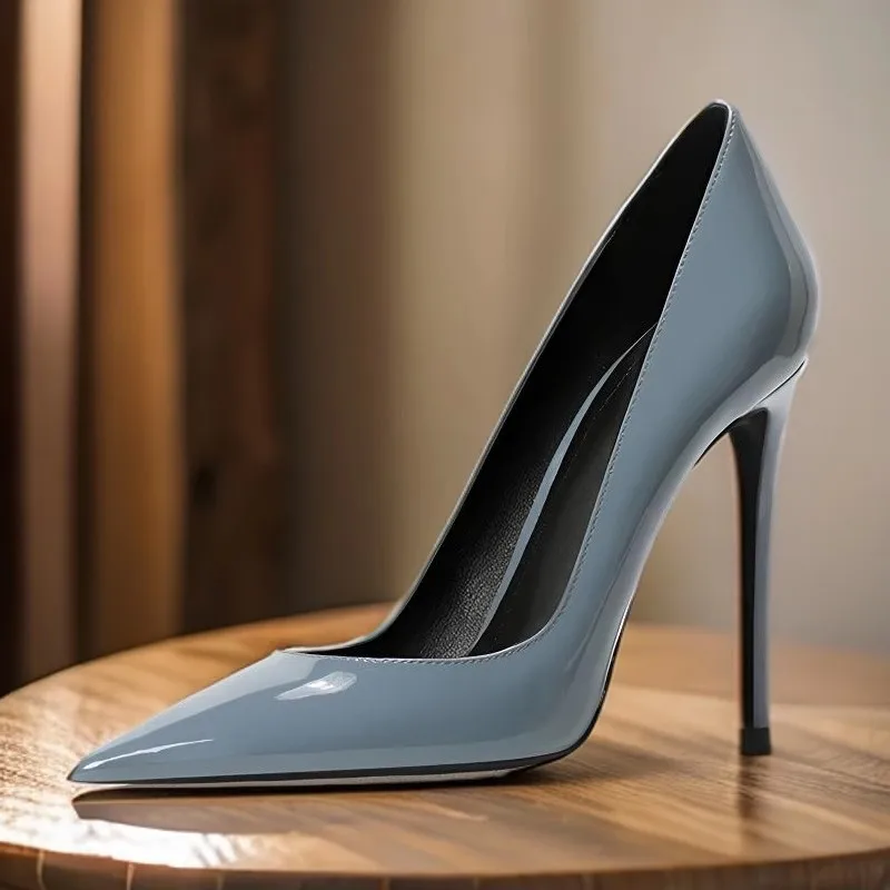 

Slender high heels spring and summer new pointed toe light blue patent leather shoes banquet large size small size women's shoes