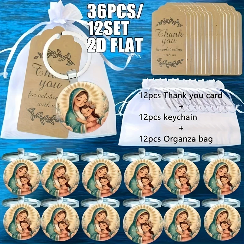 36 Stück/12 Sets Schlüsselanhänger mit Jungfrau Maria und Engel-Medaillen, inklusive Dankeskarten und Taschen für Taufe, Kommunion, Hochzeit, Firmung – Detail 5