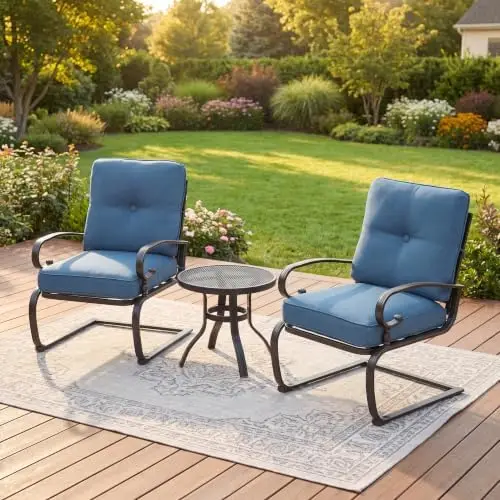 3 Pcs Outdoor Bistro Set, Wrought Iron Frame Patio Spring Chair Set with Cushion & Round Table for Yard, Balcony