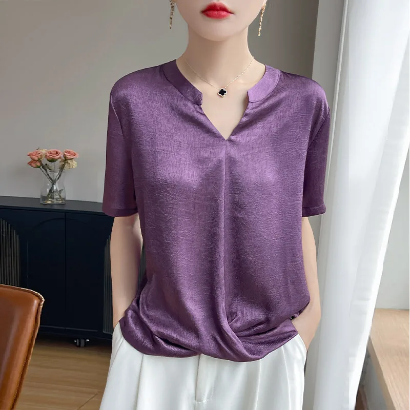 2025 Summer Silk T-shirt Small V-neck Thin Short Sleeved Korean Version Fashionable Cool Women's Top Elegant Plus Size Clothing