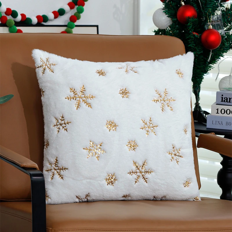 

Cushion Cover 1pc Christmas Gold Snowflake Faux Fur Cozy For Sofa Home Decoration Christmas Decorative Pillow Cover No Filler