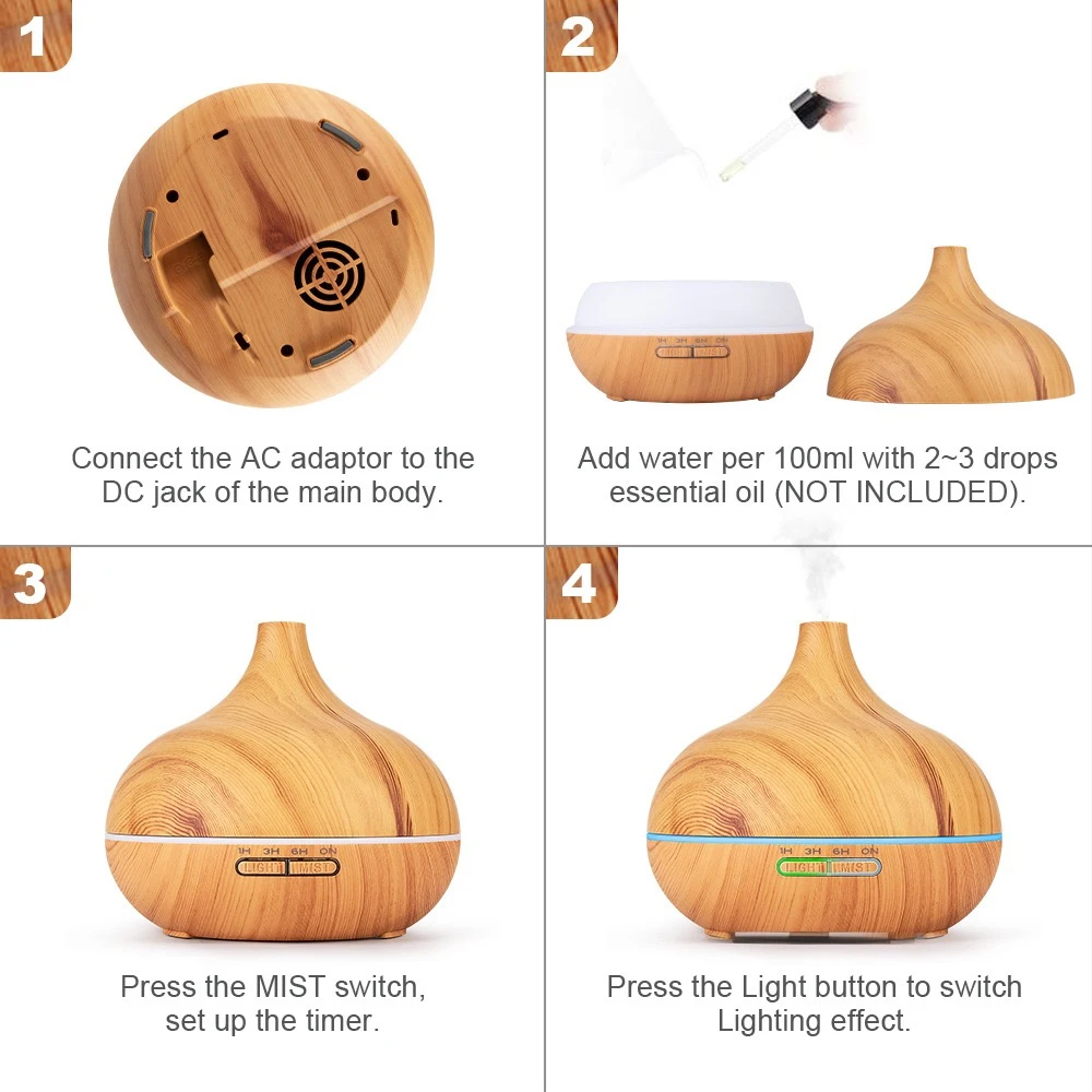 500ml Wood Grain Humidifier with 7-Color LED, Sleep Aid, Stress Relief & Air Freshener