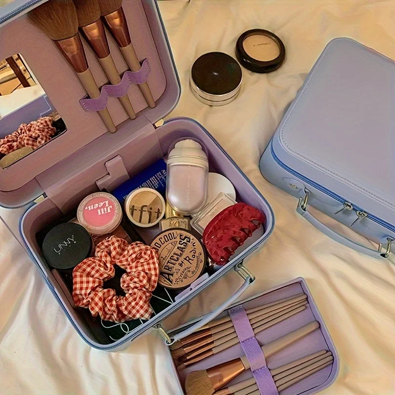 

1pc new large capacity makeup bag with mirror multifunctional and portable Instagram style makeup case hard shell makeup stora