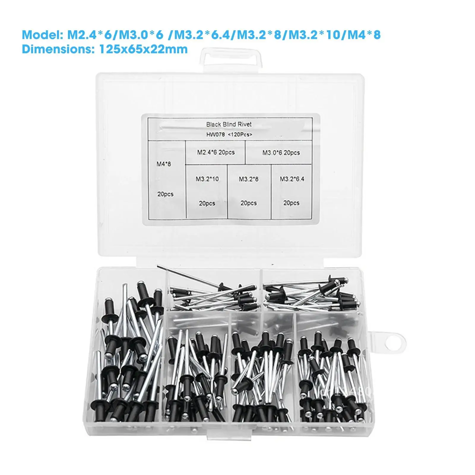 블랙 알루미늄 블라인드 리벳 풀 리벳, M2.4, M3.2, M4 스틸 세트, 버섯 머리 브레이크 맨드렐, 블라인드 리벳, 네일 팝 리벳, 120 개