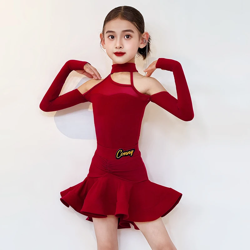 

Новинка 2026 года, красная одежда для латинских танцев, одежда для латинских танцев для девочек, сценическая одежда, боди с длинными рукавами, юбка с воланами, тренировочный костюм 2461