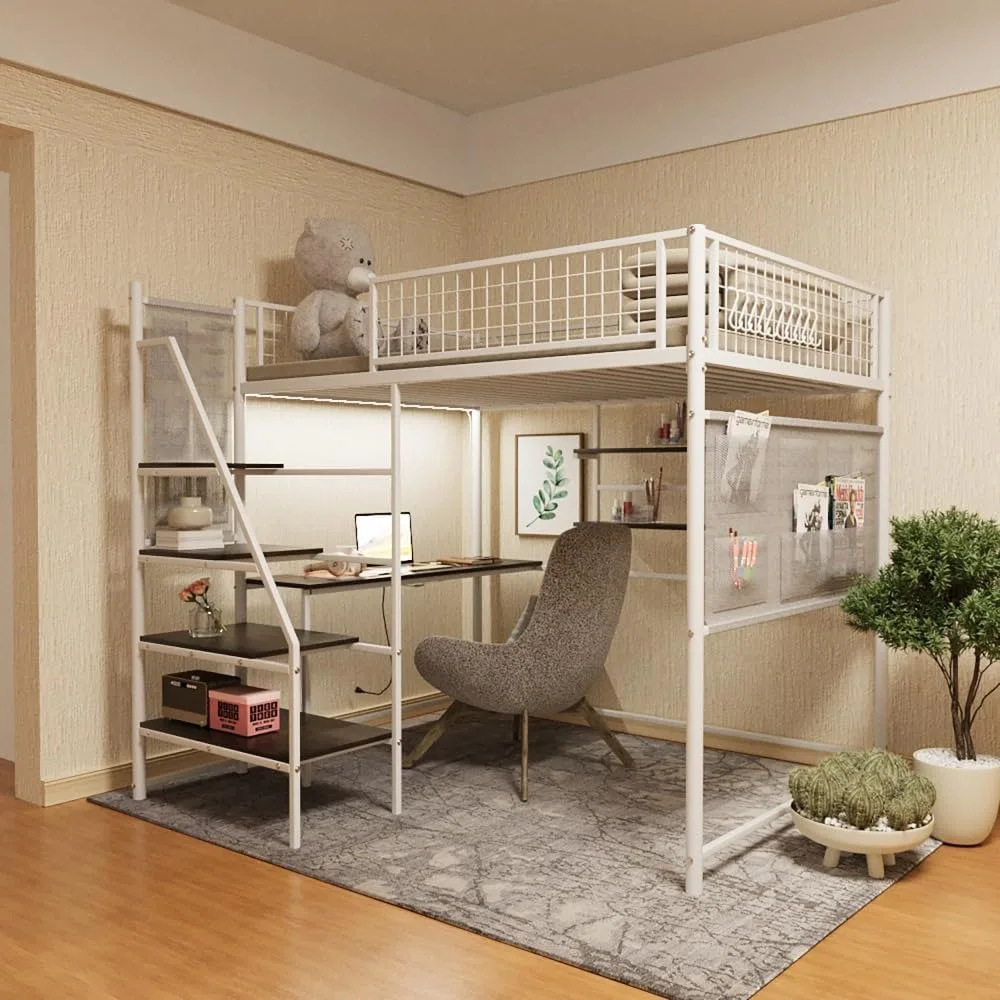Metal Frame Full Size Loft Bed with Desk, Storage, LED Lights, and Charging Station for Space-Saving Bedroom