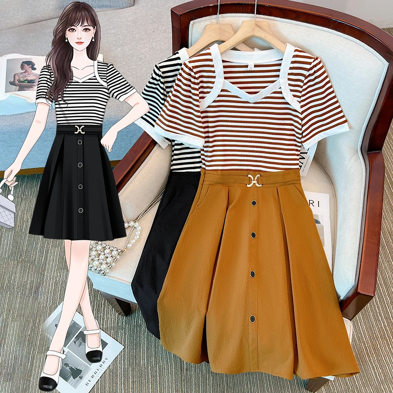 Women Cotton Stripe T-shirt Dress Summer Female Square Collar Short Sleeve Large Size Elegant Fake Two Piece Black Khaki Vestido