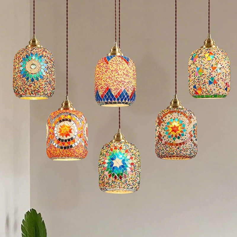 Handmade Glass Pendant Lights Creative Mosaic Style LED Hanging Lamp Restaurant Homestay Bedroom Atmosphere Suspension Luminaire