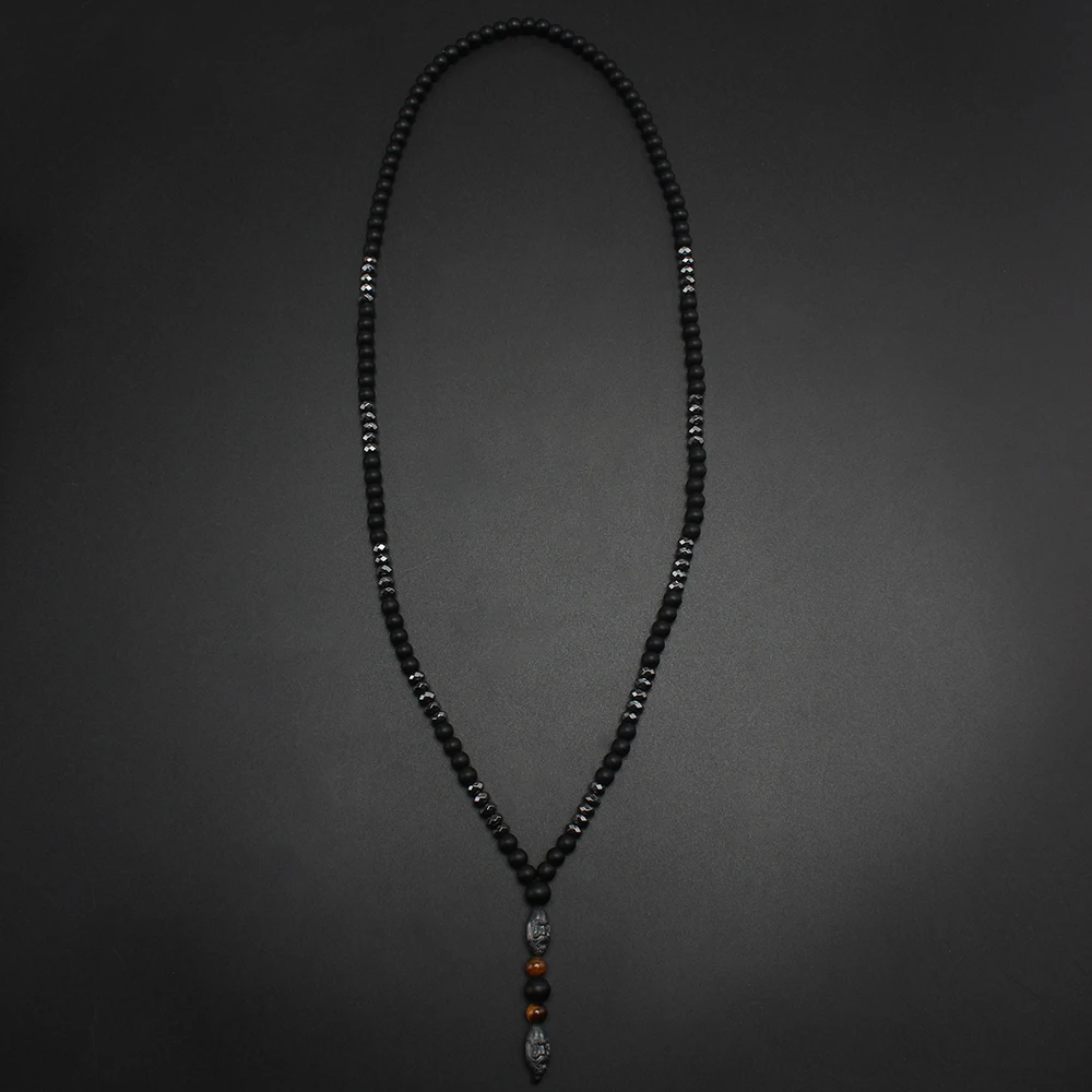 Black Obsidian Round Beads Hematite Old Man Head Pendant Y Necklace Men\'s Jewelry
