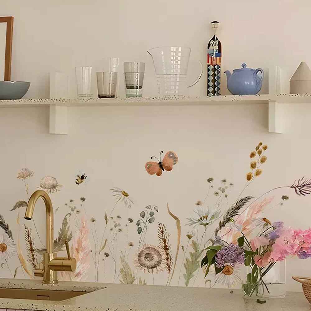 

Настенные стикеры в стиле бохо с изображением диких цветов для кухни, стеклянный брызговик, ботаническая настенная граница, наклейка на стену, украшение для столовой