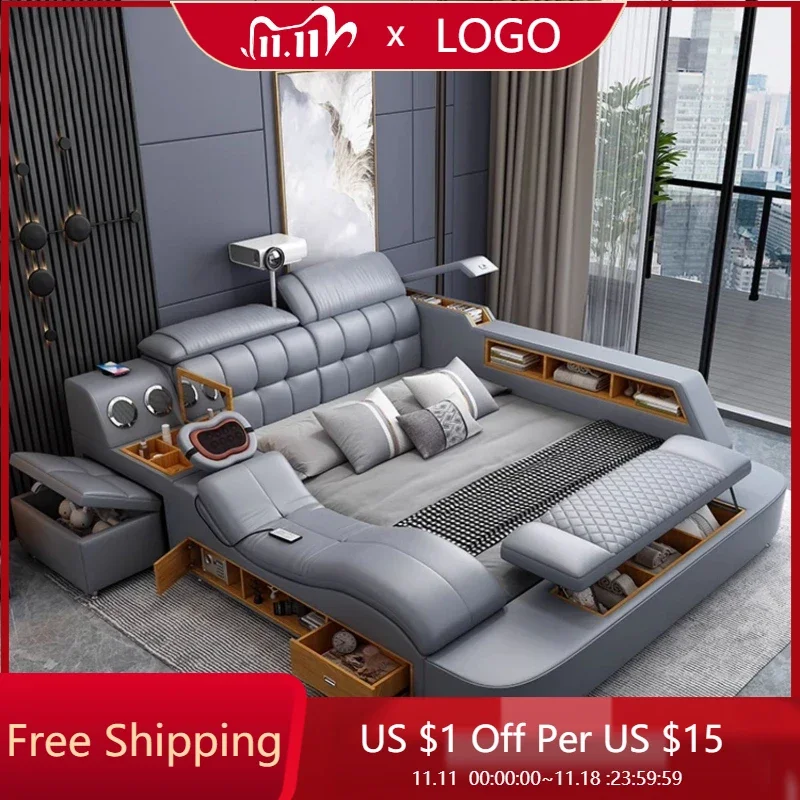 

Luxury King Size Genuine Leather Bed / Tech Smart Bed / Multifunctional Ultimate Beds / Massage Bed With USB,Projecter Bedroom