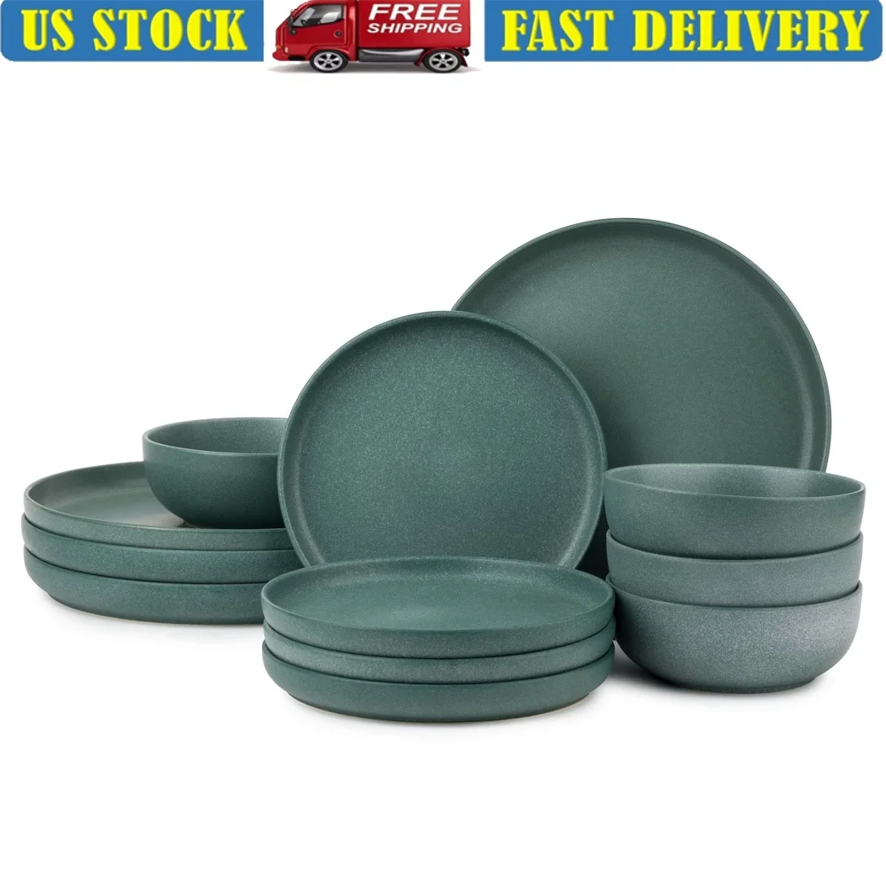 

12-Piece Stoneware Dinnerware Set Chic Caspian Green Durable Plates Bowls Microwave Dishwasher Safe Table Setting Ideal Home