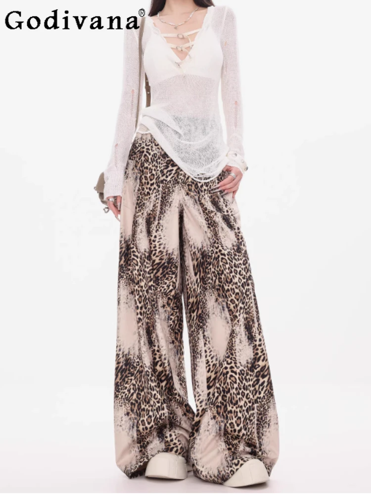 

Spring Autumn New American Leopard Print Women Retro Wide-leg Leisure Pants Fashion Versatile Age-Reducing Personality Trousers