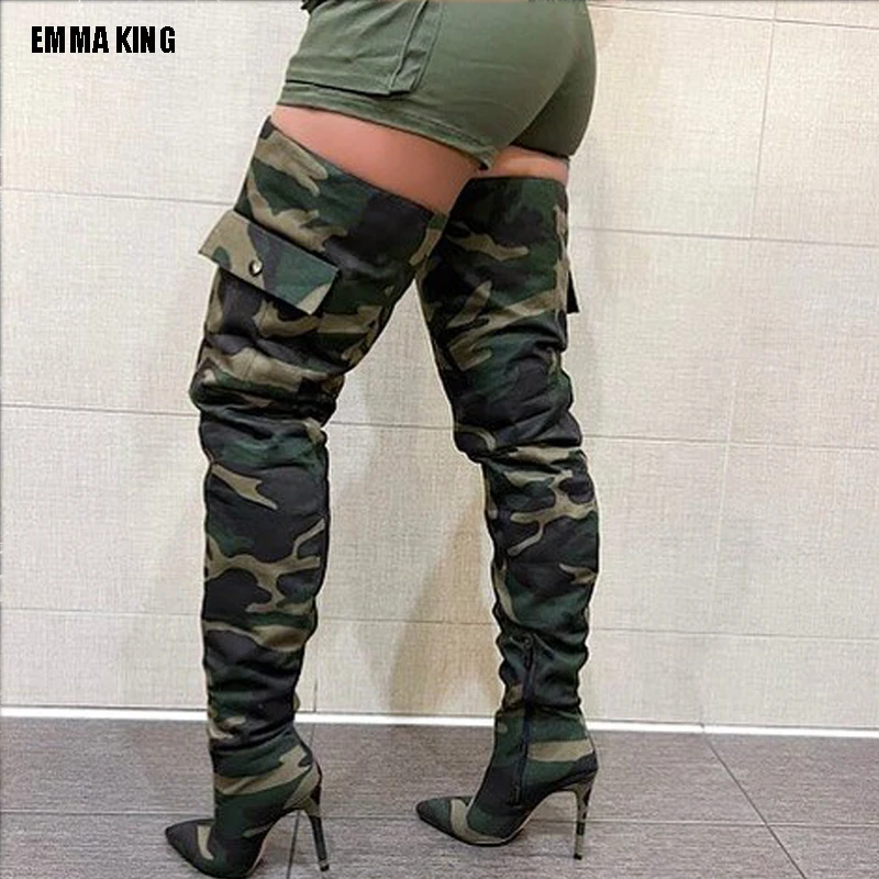 

Fashion Over The Knee High Boots Printed Camouflage Boots Thin High Heels Shoes Women's Long Pointed Toe Motorcycle Boots Woman