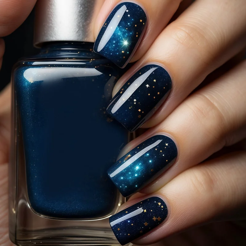 

24pcs Ramadan Nail Art Blue Starry Sky Gold Stars Gothic Sweet Cool Fake Nails with Jelly Glue and Nail File