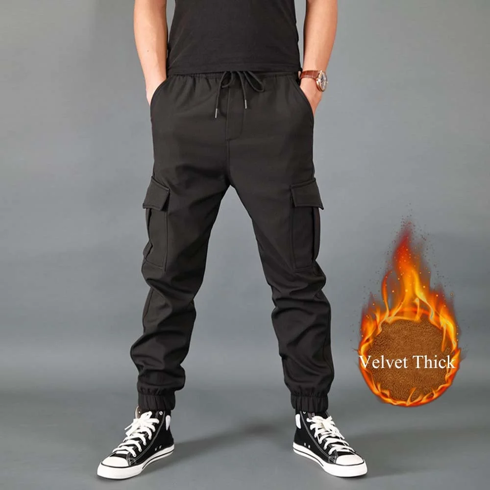 

New Winter Men Pants Thick Fleece Joggers Multi Pocket Loose Sport Trousers Male Casual Warm Sweatpants Cargo PA52