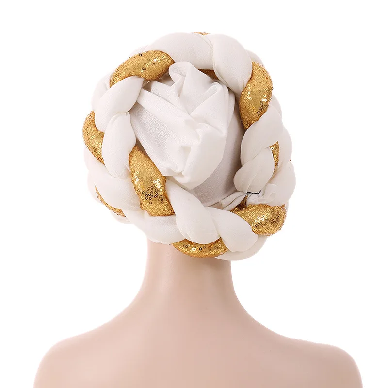 2023 Sparkling Braids Turban Cap for Women Fashion African Lady Headwrap Bonnet Nigeria Aso-oke Headtie Statement Headwear