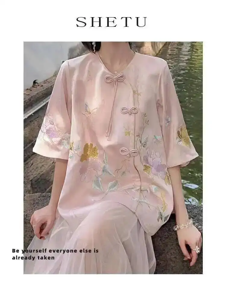 

New Chinese Style Zen Pink Jacquard Frog Button Tang Suit Top for Women Summer New Loose Round Neck National Style Shirt