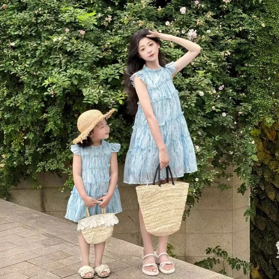 

Holiday Look Mother Daughter Matching Puff Sleeveless Dress Mom and Baby Girls Resort Tutu Dresses Mommy and Me Equal Clothing