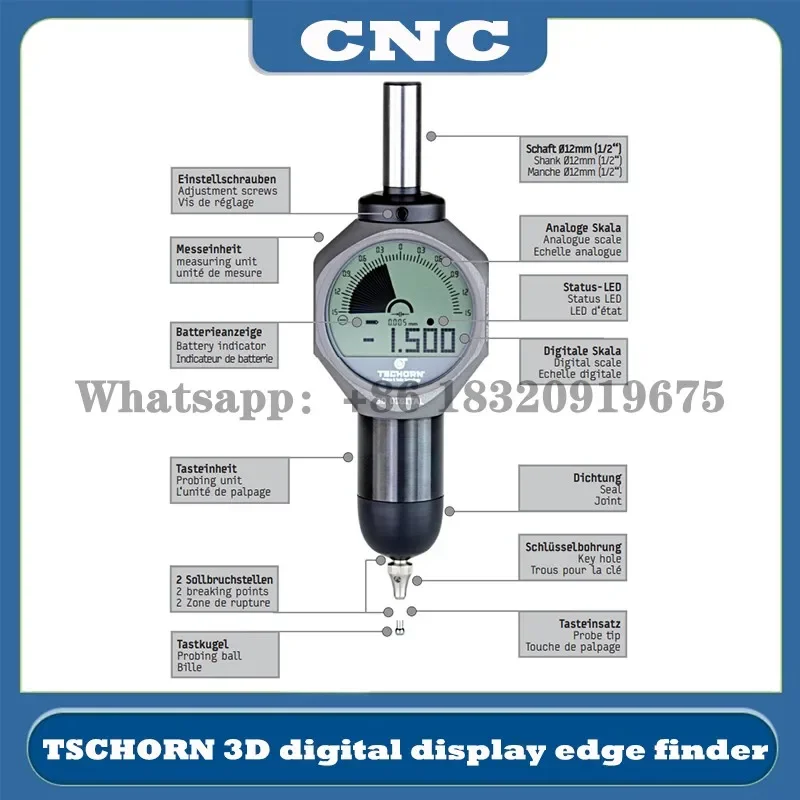 CNC Germany TSCHORN 3D Digital Display Edge Finder Thor Splitter Rod 0.005mm IP67 Waterproof Probe 01D30012 Cyclmotion