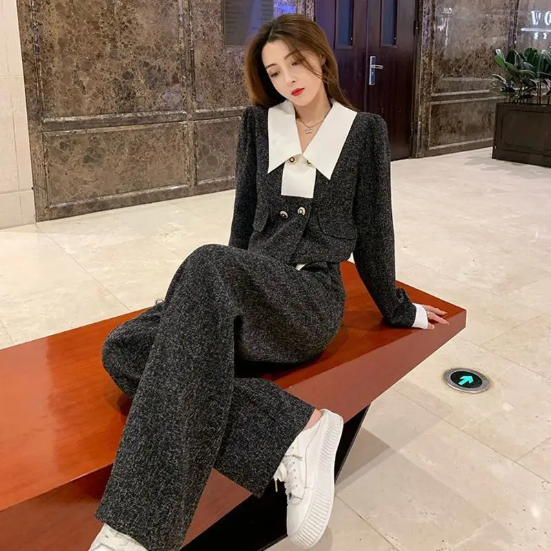 

Korea Two-Piece Fashionable Little Fragrance Style Long-Sleeved Pullover Top Wide-Leg Pants Spring And Autumn New Set