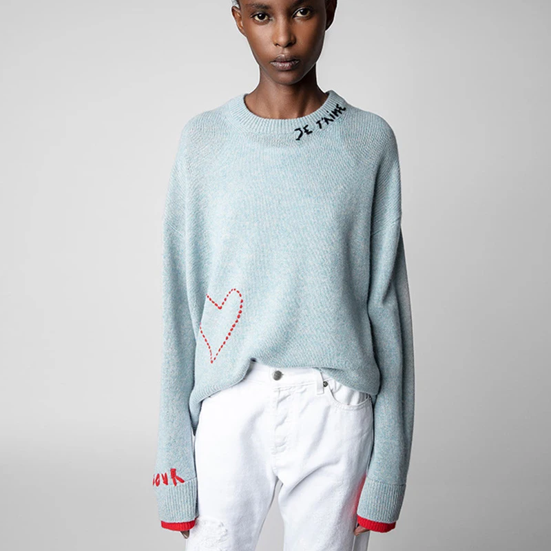 

Autumn and winter new French niche ZV letter heart embroidery handmade women's cashmere knitted sweater sweater