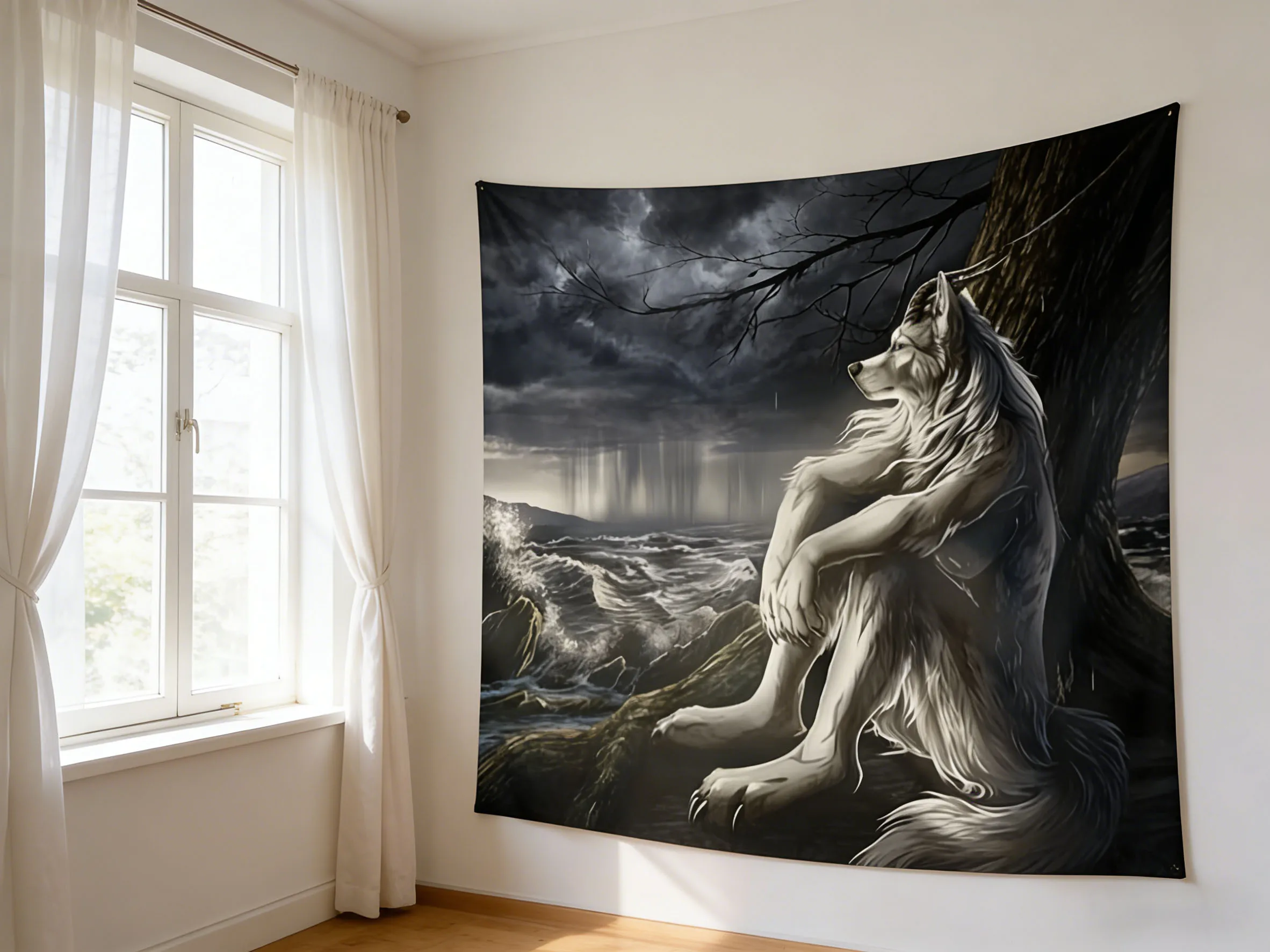 2026 Interesting Alpha Sigma Beta Wolf Tapestry Indoor Wall Hanging Emo White Wolf Sitting Sad Tapestry Mural Decoration Home